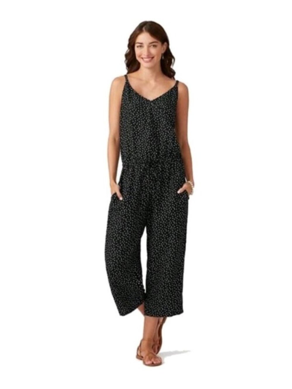 Tommy Bahama Sea Swell Linen‎ Crop Jumpsuit Sz M Black Polka Dot Boho Resort